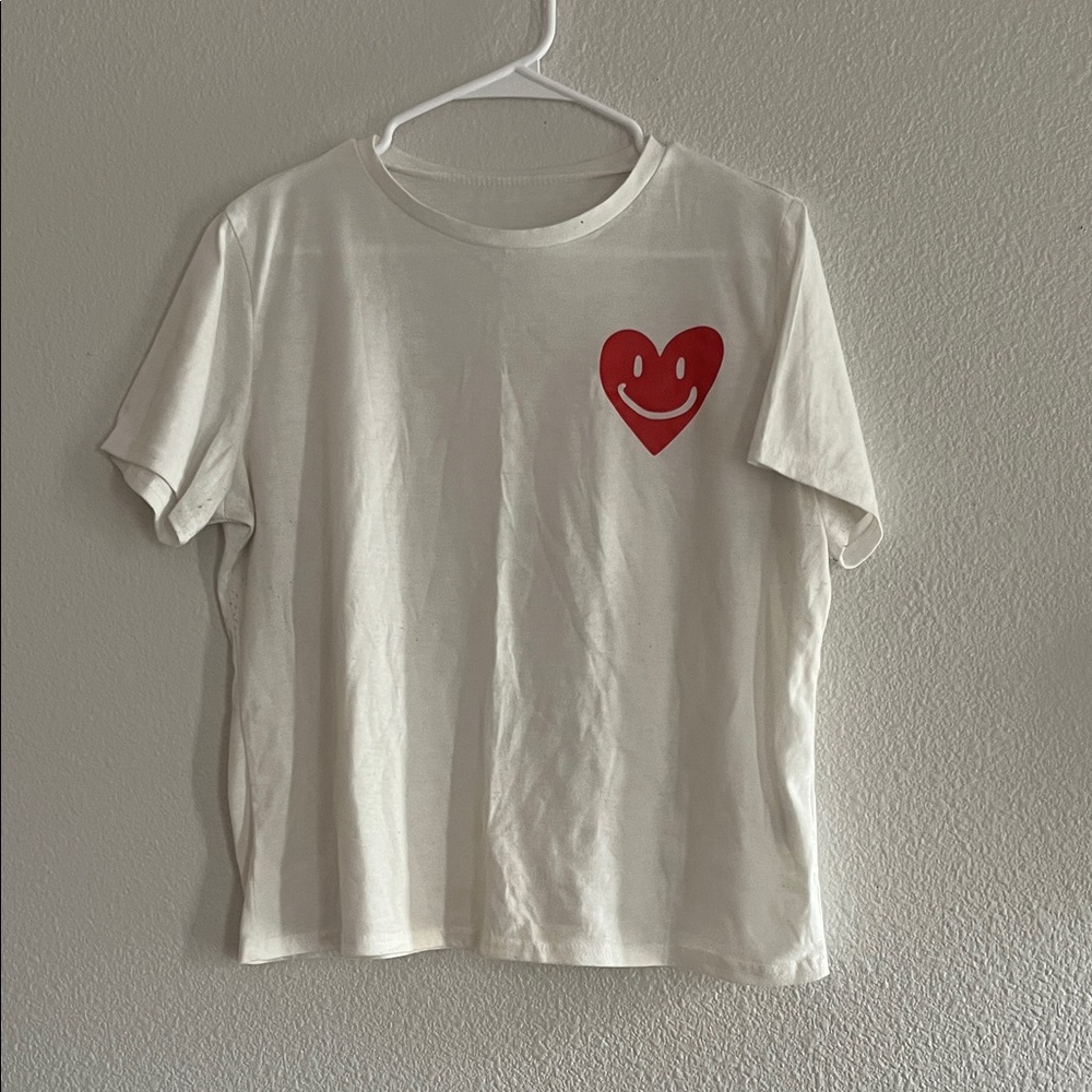 SHEIN White Tee with Red Smiling Heart Graphic